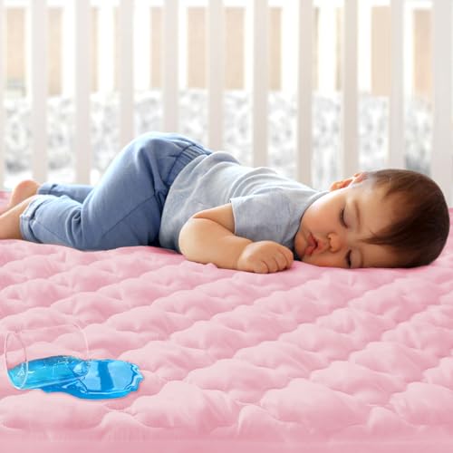 Image of Crib Mattress Protector Sheets Fitted Waterproof Crib Mattress Pad Cover, Noiseless & Machine Wash 100% Absorbent Crib/Toddler Mattress Protector Sheet Quilted, Pink, 52" x 28"