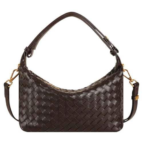 Leather Woven Tote Handbag, Top-Handle Clutch Purse (Coffee-with Strap, Medium)