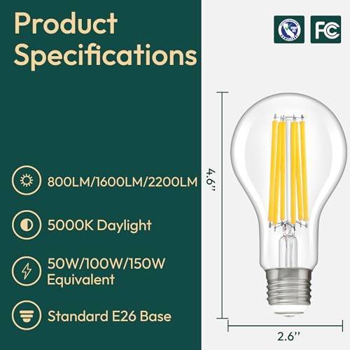 Image of ALAMPEVER 3 Way Light Bulbs 2 Pack, 50 /100 /150W Equivalent, Bright A21 LED Light Bulb, 5000K Daylight White, 800 /1600 /2200LM, 5 /9 /15W, E26 Base, Non-Dimmable, Ideal for Living Room, Garage, Basement