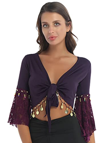 MSemis Top dança do ventre para mulher balé xaile de renda floral casaco aberto casaco cruzado dança bolero elegante para vestido de baile oriental festa, Púrpura escuro, L