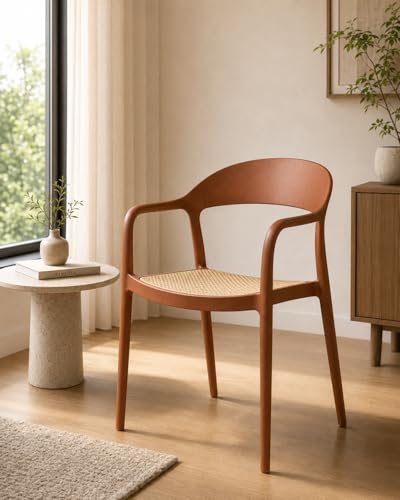 Image of Rattan Style Outdoor Chair | Set of 1 Brown Plastic Arm Chair for Garden, Balcony, Patio & Cafe | Lightweight Weather Resistant Seating | 3 Year Manufacturing Warranty