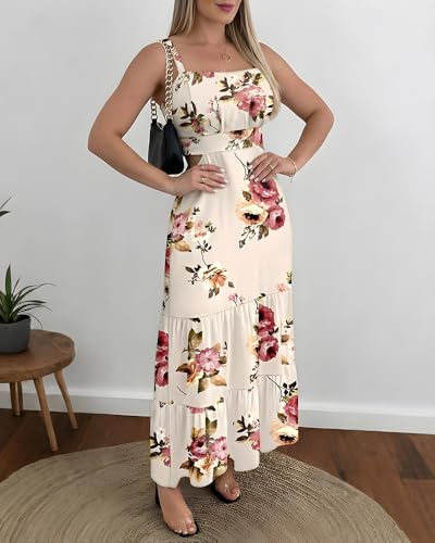Image of CHICME Summer Dresses for Women 2026 Sleeveless Casual Boho Maxi Dress Square Neck Cut Out Floral A Line Dress