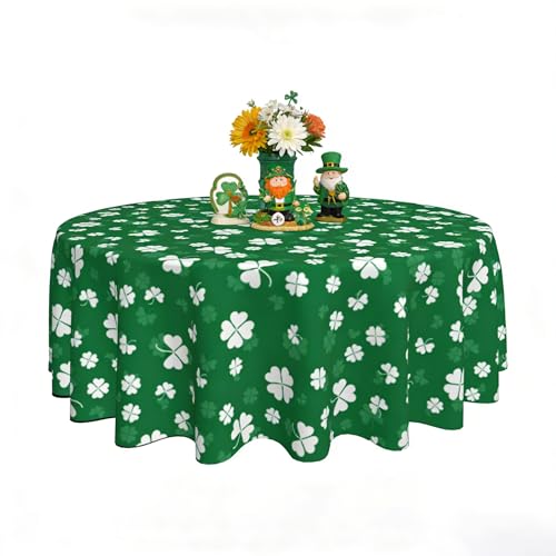 Image of St Patricks Day Tablecloth 60x60 Inch Round Shamrock Table Cover Waterproof Wipeable for Kitchen Restaurant Home Parties Holiday Party Decor
