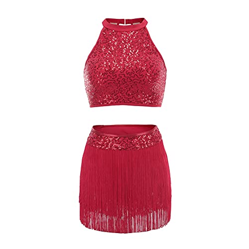 Maritown Mädchen Ballett Tanz für Frauen Kinder, Pailletten Tanz Kleid Outfits Ballett Split Body Anzug mit Quaste für Gymnastik Ballroom Dancing Work Out Cover