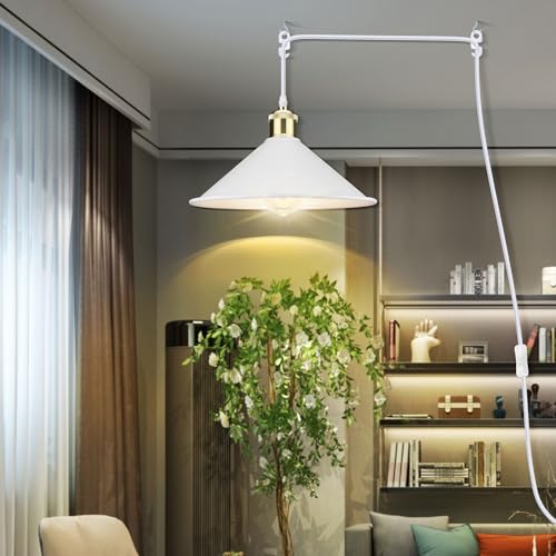 Image of Big White Plug in Pendant Light, Modern Hanging Light with Plug in Cord | Hanging Lamp, Pendant Lamp, Vintage Pendant Light with Plug in Cord, Industrial Pendant Light Fixture for Kitchen Dining Room