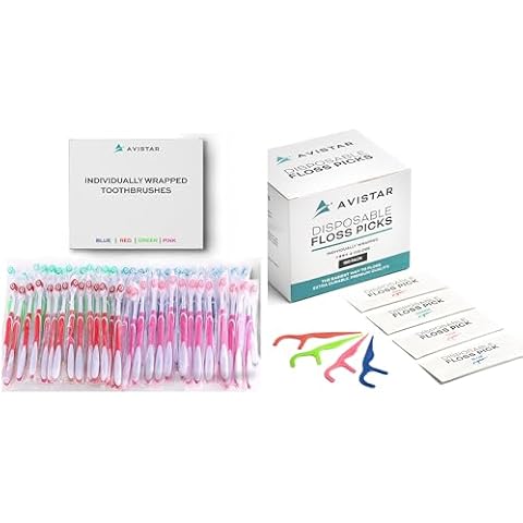 Avistar 24 Disposable Bulk Toothbrushes and 450 Disposable Floss Picks - Individually Wrapped in 4 Colors - Convenient & Affordable - for Travel, Hotels, Airbnb, Relief Missions, Donations & More Cover