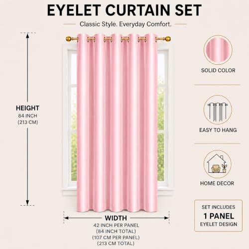 Image of Polyester Eyelet Door Curtain, Solid Plain Light Filtering Curtain for Bedroom, Living Room & Home Office, 7 Feet (84 x 48 Inch), Pink, Pack of 1