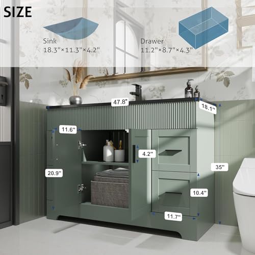 Image of eclife 48 inch Bathroom Vanities Sink Combo with Painted Surface, Modern Drawered Cabinet W /Decorative Wave Lines, Undermount Single Black Sink, Matte Black Faucet Drain, Gray Green