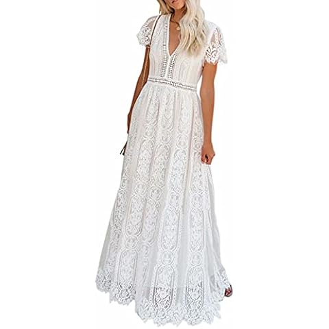 BLENCOT Womens Summer Elegant Long Dress V Neck Short Sleeve Floral Lace Bridesmaid White Maxi Dress Cocktail Party 14 Cover
