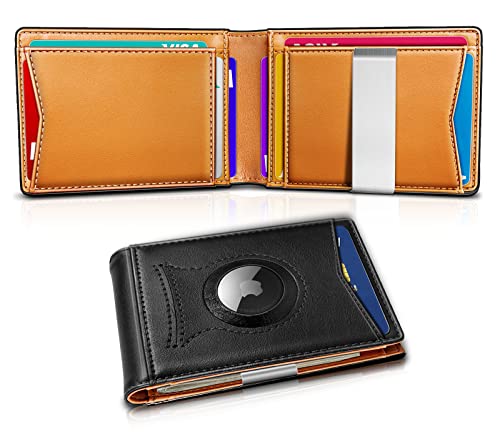 Slim Wallet for Men,Front Pocket Leather Wallet Money Clip RFID Bloken 11Cards,Standard&Airtag Use