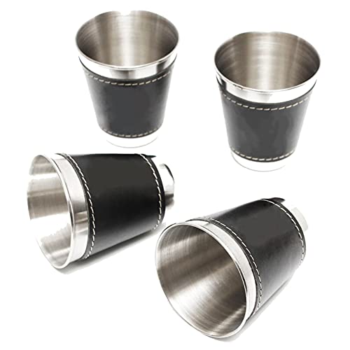 Clenp Mini Taza Al Aire Libre, 4Pcs Mini Petaca De La Cadera De La Taza del Viaje del Abrigo De La Piel Sintética del Alcohol del Vino del Acero Inoxidable Negro/Plateado