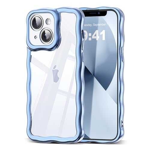 SKYLMW Compatible with iPhone 13 Case, Kawaii Cute Curly Wave Frame Luxury Plating Edge, Stylish Glossy Clear Back, Soft TPU Shockproof Protective Cases for iPhone 13, Blue -  XR-LMW-JS-iphone13-DBL-YFL