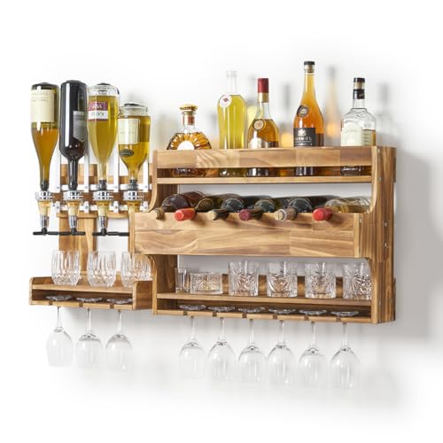 lulusowill Wood Wine Rack Wall Mounted, Liquor Bottle Display Shelf for The Home Bar,Wine and Liquor Wall Rack with Glass Holder,Rustic Bar Shelves with 4-Bottle Whiskey Liquor Dispenser