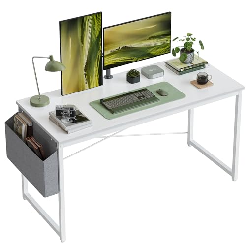 Image of Cubiker Computer Desk 55 inch Home Office Writing Study Desk, Modern Simple Style Laptop Table with Storage Bag, White Metal Frame, White