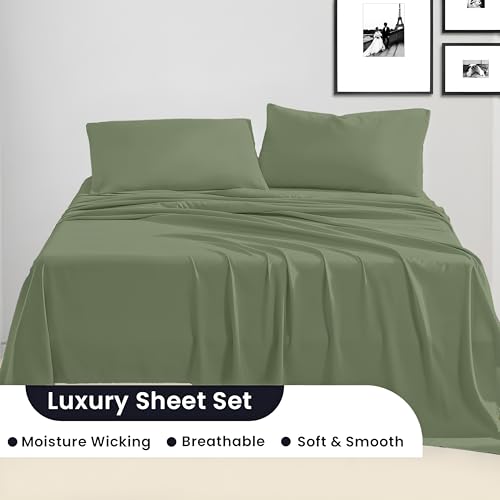 Image of SGI bedding Full Bed Sheets Set - Premium 600 TC Egyptian Cotton, Crisp & Cooling Sateen Weave, Extra Soft Hotel Collection, Fits Mattresses Up to 16 Inch Deep, Breathable & Long Lasting - Moss
