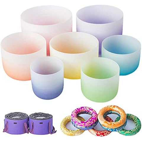 BaiTTang Crystal Singing Bowl Set - Gradient Color Series, 6-12 Inch Set Of 7 Pcs, 2 Pcs Carrying Case, 7* Color Rubber Mallet, 7* Silk Brocade Cushion, Gift for Yoga Meditation Zen Cover