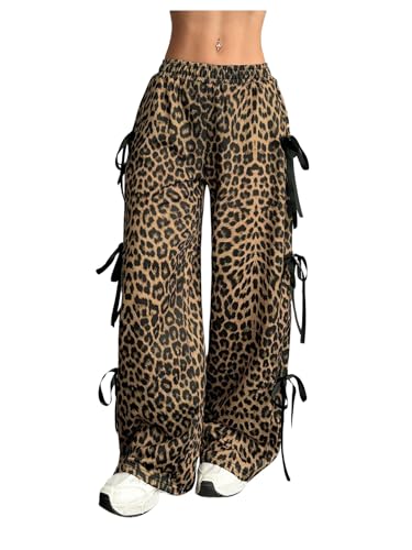 Women's Leopard Print Wide Leg Sweatpants Bow Knot Elastic Waist Loose Long Pants Streetwear