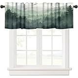 LOMADIA Forest Valance Curtain for Kitchen, Window Treatment Watercolor Green Forest Flying Birds Nature Mountain Tree Woodland Patterm Rod Pocket Drapes for Nursery Cafe Living Room Decor 54x18inch