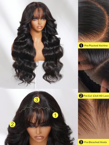 Image of 13x4 Glueless Human Hair Wig Body Wave with Curtain Bangs 18 Inch | Bye Bye Slip HD Lace Front Wigs Human Hair Pre Cut Pre Plucked Bleached Knots Bangs Drawstring Cap Ready to Wear 150% Density