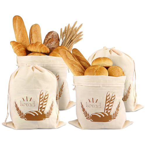 4 Piezas Bolsa de Pan de con Cordón,38×31cm Reutilizables Bolsa Pan Tela para Conservación, Bolsas de Pans con Cordón para Almacenar para Masa Madre, Bollería, Baguettes, Panecillos, Verduras, Fruta