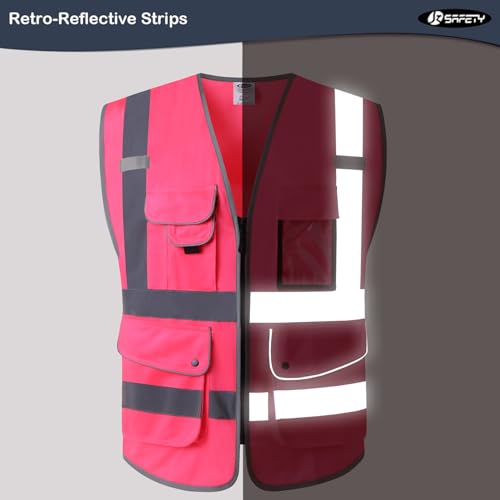 Image of JKSafety 9 Pockets Class 2 High Visibility Zipper Front Safety Vest With Reflective Strips, Meets ANSI /ISEA Standards (Medium, 150-Pink)