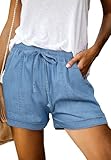 ONLYSHE Womens Ladies Summer Casual Fashion Frayed Raw Hem Tencel Drawstring Elastic Waist Denim Jean Shorts with Pockets Blue-L