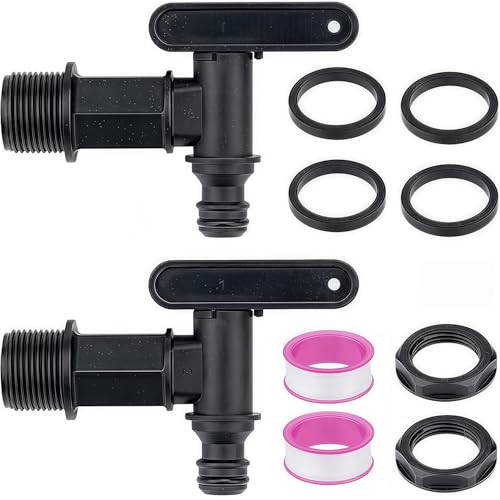 2 Stück Auslaufhahn für Regentonne, 3/4 Zoll Kunststoff Ersatzhahn, Mit Dichtung Kontermutter Dichtband, Heim Garten Wassertank Anschlüsse, für Wassertank Regenwassertonne Regenfass (Schwarz)