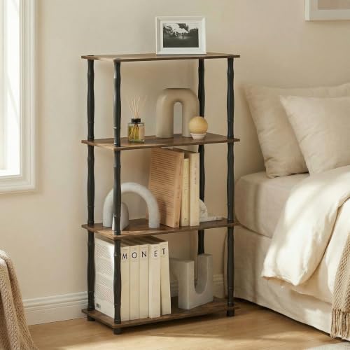 Image of Furinno Turn-N-Tube Storage Shelves, 4-Tier Open Frame Book Shelf, Standing Corner Shelf, Toolless Open Shelves, Classic Tubes, for Organization and Storage, Living Room, Home Office, Amber Pine