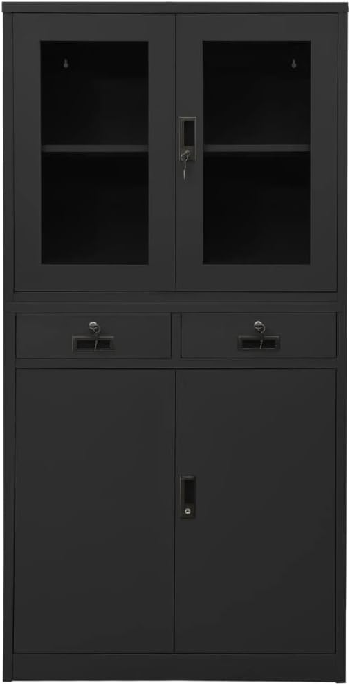Anthracite Steel Storage Cabinet with Tempered Glass Doors, 70.9" Tall Large Metal Office Locker Organizer for Secure File Storage, Home or Garage Workspace