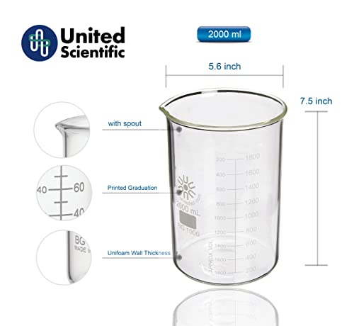 United-Scientific-BG1000-2000-Borosilicate-Laboratory-Grade-Glass-Beaker-Griffin-Style-Low-Form-Beaker-Graduated-with-Spout-Glassware-Labware-2000mL-2L-1-Each