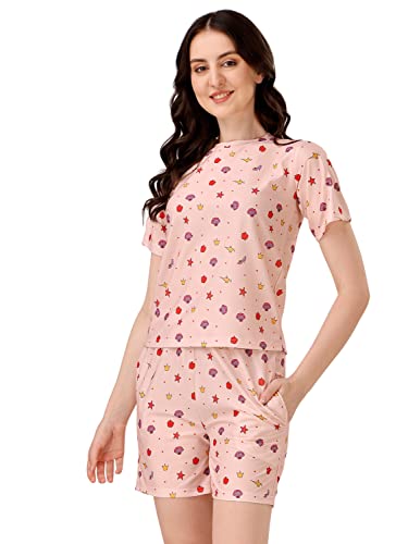 COCOFAB Cord Set for Women, Casual Night Wear, Soft & Comfortable Stretchable Fabric, with 2 Pockets, Cotton Stretchable Digital Print (Small, Peach)