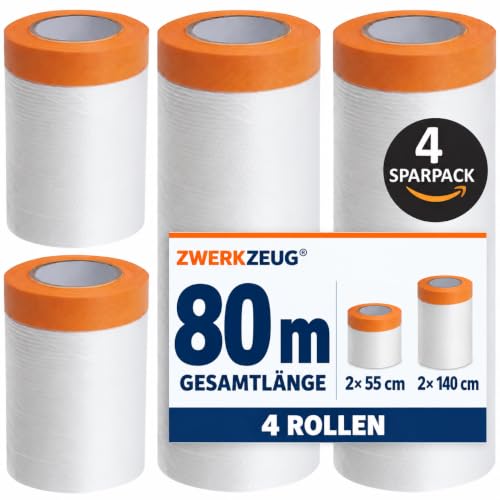 ZWERKZEUG Insgesamt 80 meter Abdeckfolie mit Klebeband Maler Abdeckfolie - Goldband Tape-Abdeckfolien Malerfolien (4 Rollen) – Ansicht 1