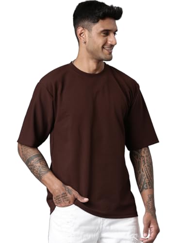 Image of Men's Stylish Round Neck Textured 3 /4th Sleeve Oversized T-Shirt (Brown)