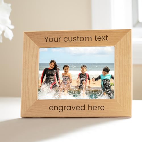 Personalized wooden picture frame with an engraved message surrounding a printed photograph.