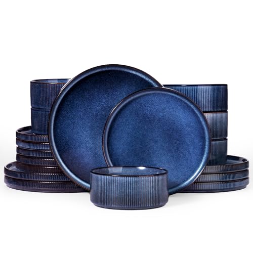 Image of Famiware Star 18-Piece Reactive Glaze Plates and Bowls Sets, Service for 6 - Stoneware Dinnerware with Trim, Modern Rustic Dishes, Chip & Scratch Resistant, Microwave & Dishwasher Safe, Nebulas Blue