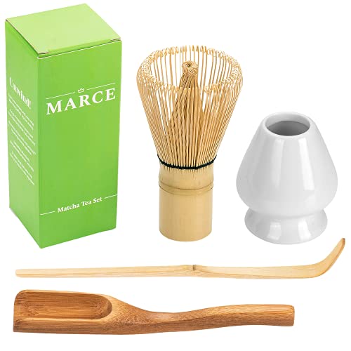 Marce Japanese Matcha Tea Set - Matcha Whisk (Chasen), Traditional Bamboo Scoop (Chashaku) and Tea Spoon, Ceramic Whisk Holder - The Perfect Handmade Starter Kit to Prepare a Traditional Cup of Matcha
