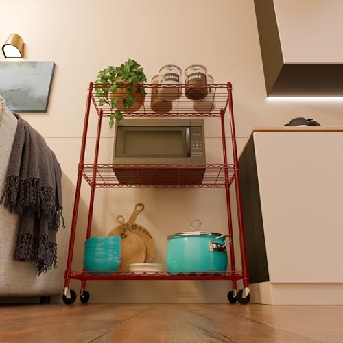 Image of 3-Shelves Wheels Heavy Duty Steel Storage Rack | Multipurpose Shelving Unit for Kitchen, Home & Utility | Red, 3 Shelves Wheels