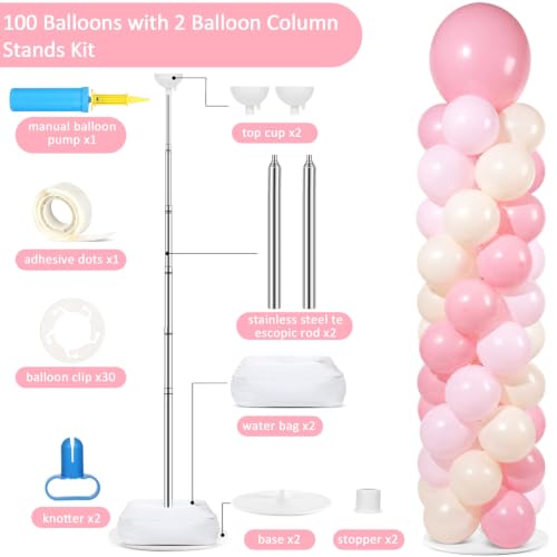 Image of 2 Sets Adjustable Balloon Column Stand Kit with Bases（Blush Pink） | Reusable Stainless Steel Poles, 102 Balloons with Pump, Floor Decor, Baby Shower Birthday Wedding Bridal shower Engagement