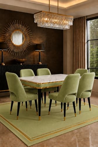 Image of WOODEN SPACE 6-Seater Wooden Dining Table Set | Nano Composite Marble Top | Solid Wood Base | Modern Dining Room Furniture with 6 Chairs (Light Green Vintage)