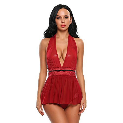 Chemise de nuit rouge sexy haut de gamme avec finitions décolleté plongeant