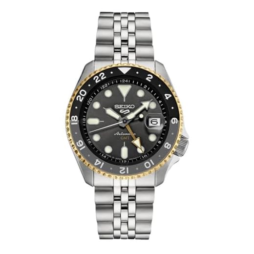 SEIKO Relógio masculino automático SSK021 - Coleção 5 Sports - Relógio esportivo masculino, aço inoxidável, mostrador carvão, ponteiro GMT - resistente à água 100 m, Carvão, SSK021J1