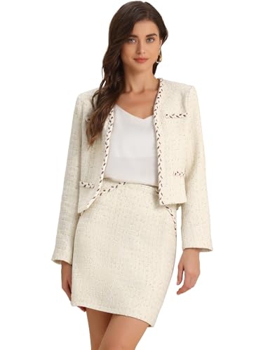 Allegra K 2 Piece Tweed Plaid Skirt Set for Women's Business Collarless Blazer and Mini Skirt Suit Sets