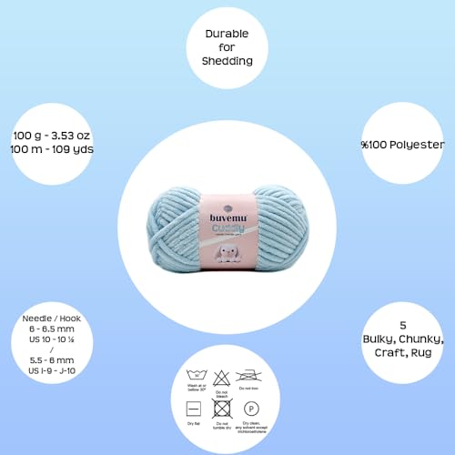 Image of Cuddly Velvet Chenille Yarn, Super Soft Fluffy Bulky for Knitting Crocheting Blanket Amigurumi, Durable for Shedding, 100 Gram (3.53 Ounces) 109 Yards (100 Meters) (Baby Blue) (3 Skeins)