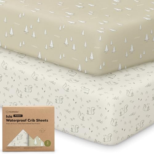 Image of 2-Pack Waterproof Baby Crib Sheets for Boys, Girls - 52x28 Viscose Derived from Bamboo Toddler Bed Sheet Neutral, Fitted Crib Mattress Protector Cover for Baby Bedding, Soft & Gentle (Pine Grove)
