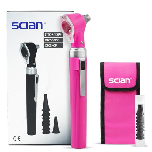 Scian Kit Otoscope – Otoscope à Lumière LED, Grossissement x3, 4 Embouts Spéculum Taille Différente, Outil Léger d’Examen Auriculaire pour Enfants, Adultes, Chiens et Usage Domestique (Rose)