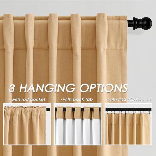 Image of Nanspring Camel 100% Blackout Linen Curtains for Bedroom 96 Inches Long Back Tab Rod Pocket Thermal Insulated Vintage Modern Black Black Out Curtain for Living Room Office 52x96, 2 Panels