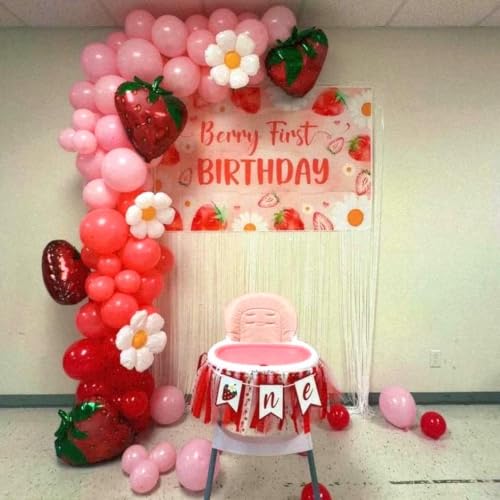 Image of Strawberry inchSweet One inch High Chair Banner - First Birthday Decorations for Girls, Berry-Themed High Chair Garland, 1st Birthday Photo Backdrop Prop for Baby Girl Party