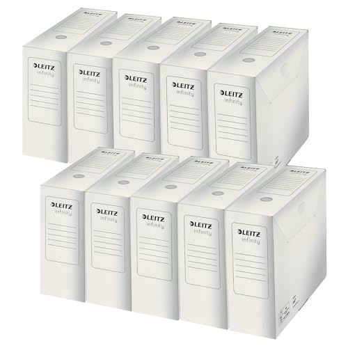 Leitz Infinity Archivbox, 10 Stück, 100 mm Rückenbreite, A4 Faltkarton mit Lasche, Boxen Aufbewahrung für bis zu 900 Blatt, Lagerbox aus 100% säurefreiem Karton, Weiß, Infinity Archiv Serie, 60890000