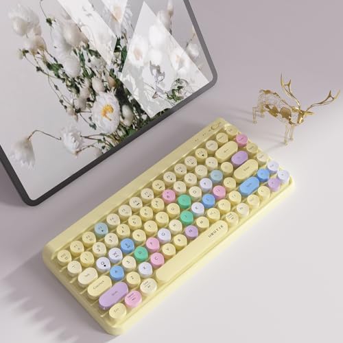 Image of UBOTIE Portable Bluetooth Colorful Computer Keyboards, Wireless Mini Compact Retro Typewriter Flexible 84Keys Design Keyboard (Yellow-Colorful)