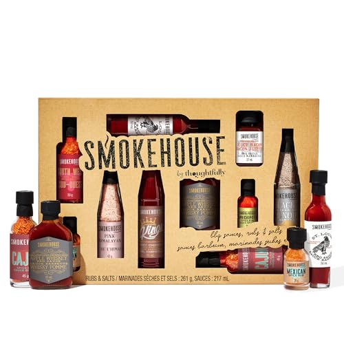 Smokehouse by Thoughtfully BBQ Grillsaucen Geschenkset mit veganen Saucen Salzen & Trockenmarinaden Geschenkbox für Männer Grill-Fans & BBQ Liebhaber 10er Set
